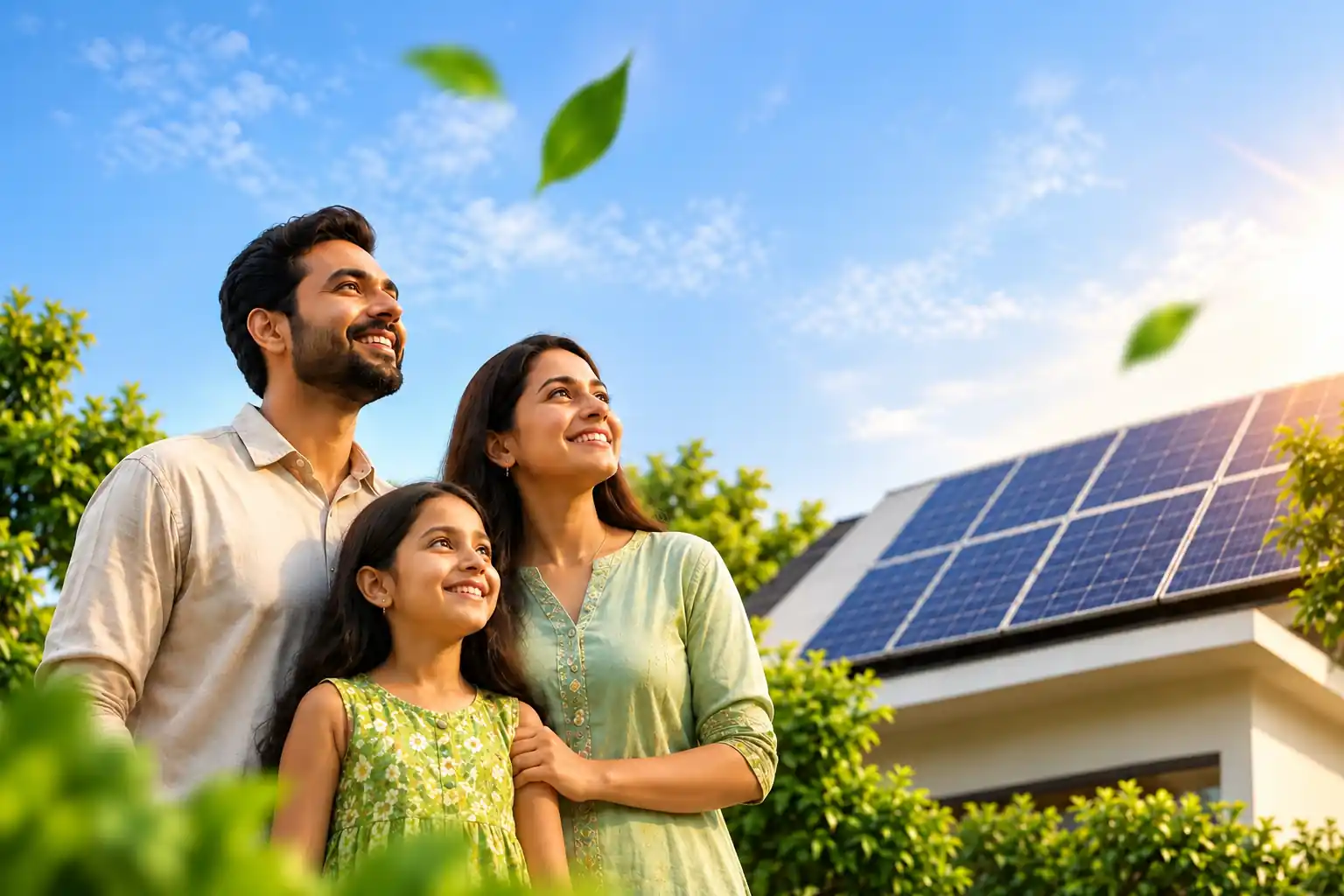 Family in front of a home with rooftop solar